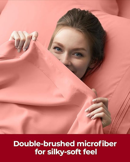 Mellanni Extra Deep Twin Sheets - 3 PC Iconic Collection Bedding Sheets & Pillowcases - Hotel Luxury, Ultra Soft, Cooling Bed Sheets - Extra Deep Pocket up to 21 inch (Twin, Coral) - LeafyLoom
