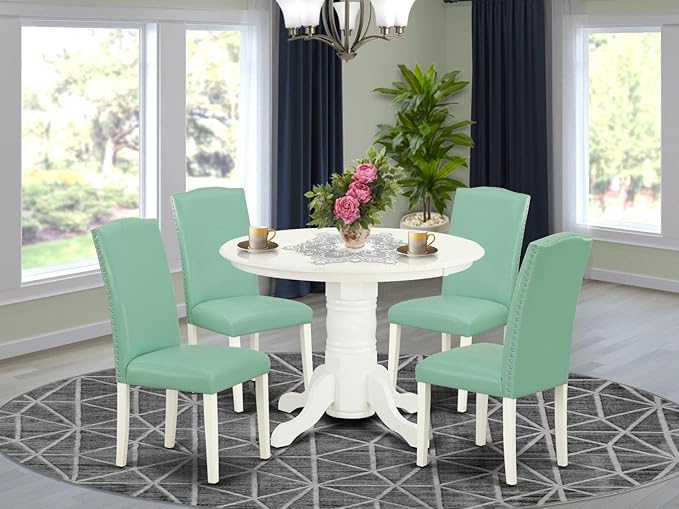 East West Furniture SHEN5-LWH-57 5 Piece Set Includes a Round Dining Room Table with Pedestal and 4 Pond Faux Leather Upholstered Parson Chairs, 42x42 Inch - LeafyLoom
