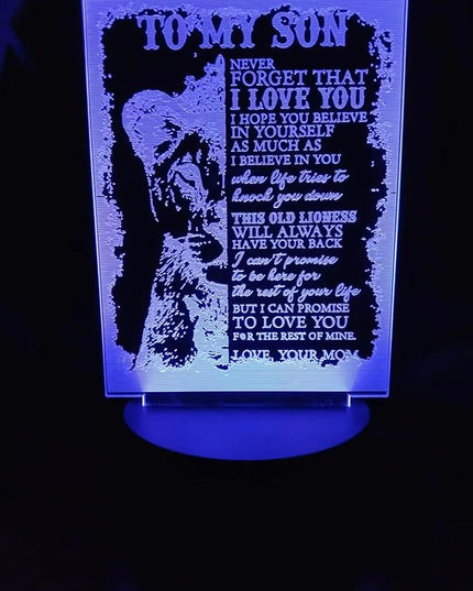 Dear Son 3D Illusion Lamp - 7 Colors Lion 3D Table Decoration Acrylic USB Lamp to My Son Arts Bedside Decors - Bedroom Decor Light Xmas New Year Birthday Gifts from Father Mother - LeafyLoom