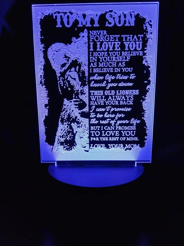 Dear Son 3D Illusion Lamp - 7 Colors Lion 3D Table Decoration Acrylic USB Lamp to My Son Arts Bedside Decors - Bedroom Decor Light Xmas New Year Birthday Gifts from Father Mother - LeafyLoom