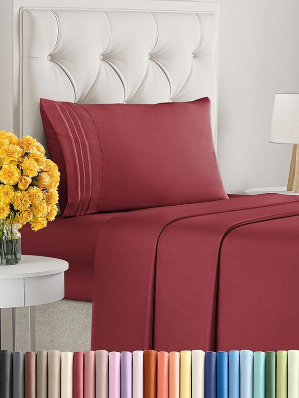 Twin Size 3 Piece Sheet Set - Comfy Breathable & Cooling Sheets - Hotel Luxury Bed Sheets for Women & Men - Deep Pockets, Easy-Fit, Extra Soft & Wrinkle Free Sheets - Burgundy Oeko-Tex Bed Sheet Set - LeafyLoom