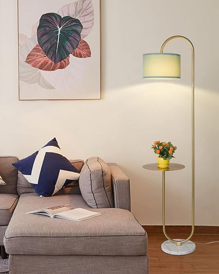 Hsyile KU300272 Arc Floor Lamp with Hanging Drum Shade for Living Room-Marble Base Modern Tall Stand Up Light with Table, Contemporary Over The Couch Gold Lamp Standing Lamps for Bedroom Office - LeafyLoom