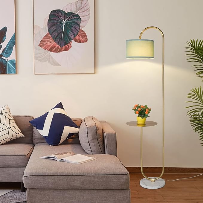 Hsyile KU300272 Arc Floor Lamp with Hanging Drum Shade for Living Room-Marble Base Modern Tall Stand Up Light with Table, Contemporary Over The Couch Gold Lamp Standing Lamps for Bedroom Office - LeafyLoom