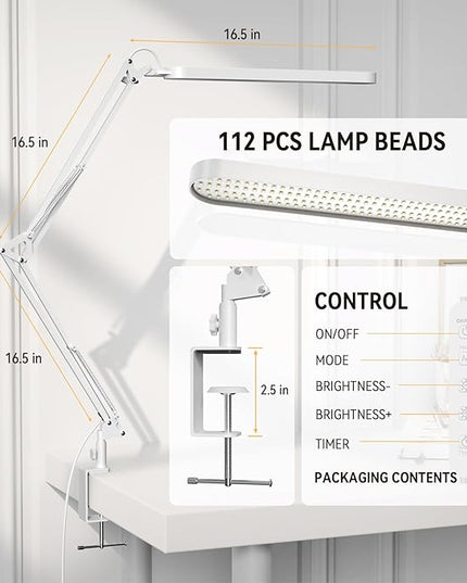 SKYLEO Desk Lamp - 31.5" Desk Light - 5 Color Modes X 11 Brightness Levels - Adjustable Swing Arm - Timmer & Memory Function - 12W Study Lamp - White - LeafyLoom