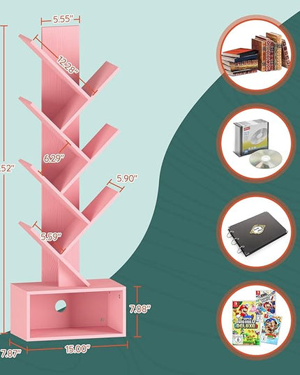 Yoobure Tree Bookshelf - 6 Shelf Retro Floor Standing Bookcase, Tall Wood Book Storage Rack for CDs/Movies/Books, Utility Book Organizer Shelves for Bedroom, Living Room, Home Office Pink - LeafyLoom