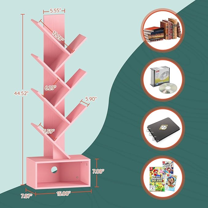 Yoobure Tree Bookshelf - 6 Shelf Retro Floor Standing Bookcase, Tall Wood Book Storage Rack for CDs/Movies/Books, Utility Book Organizer Shelves for Bedroom, Living Room, Home Office Pink - LeafyLoom