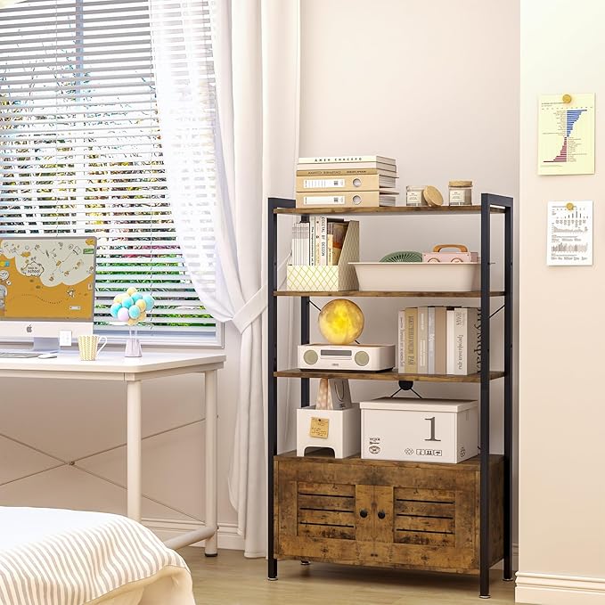 Storage Cabinet with 3 Open Shelves, 1 Cupboard Large Kitchen Industrial Display Standing Shelf, Rustic Brown Wooden and Metal FrameShelf for Living Room, Bedroom, Home Office Organizer - LeafyLoom