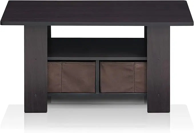 Furinno Andrey Coffee Table with Bin Drawer, Dark Walnut - LeafyLoom