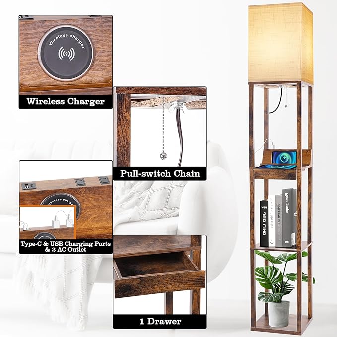 RUNTOP Floor Lamp with Shelves, Shelf Floor Lamp with Wireless Charger & 2 Charging USB Ports & Drawer, AC Outlet, 3 Color Temperature Tall Standing Lamp with Bulb for Living Room, Bedroom, Office - LeafyLoom