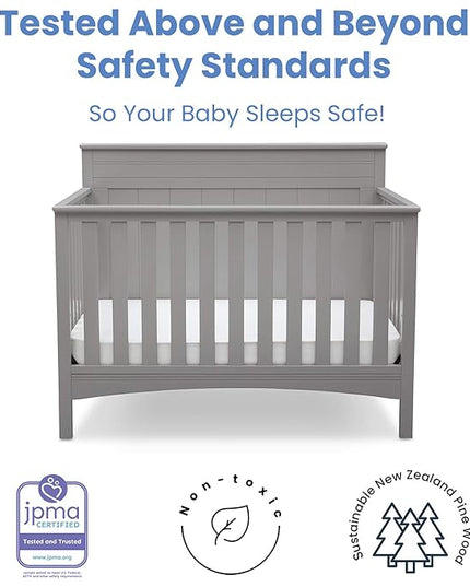 Delta Children Fancy 4-in-1 Crib, Grey + Serta Perfect Slumber Dual Sided Recycled Fiber Core Crib and Toddler Mattress (Bundle) - LeafyLoom