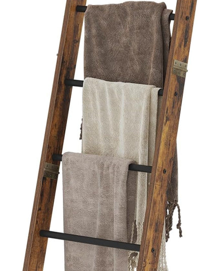 Blanket Ladder Shelf for Living Room, Decorative Wood Quilt Rack with 4 Removable Hooks, 6-Tier Farmhouse Ladder Holder Organizer for Bedroom, Rustic Brown and Black BR31501B - LeafyLoom