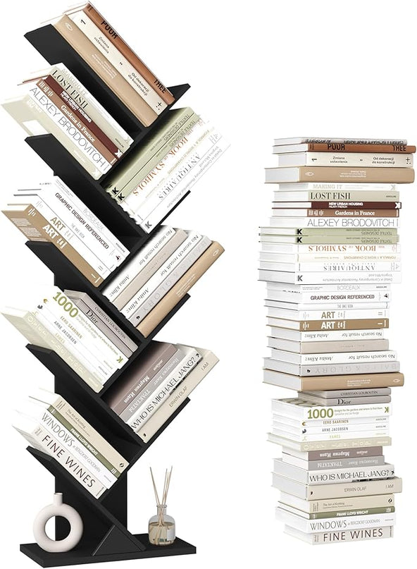 Function Home 9 Tier Tree Bookshelf, Modern Tall Geometric Bookcase, Freestanding Book Shelf, Wood Floor Storage Shelf for Living Room, Bedroom, Home Office,Black - LeafyLoom