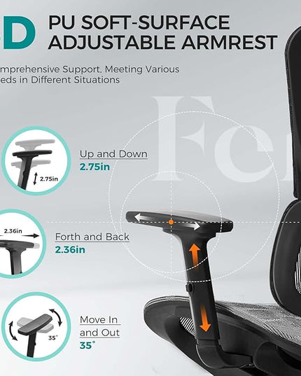 Ferral Ergonomic Office Chair, High Back Home Office Desk Chair with Lumbar Support, 4D Adjustable Armrest & Seat Depth, Computer Mesh Office Chair with Tilt Function, Adjustable Headrest, footrest - LeafyLoom