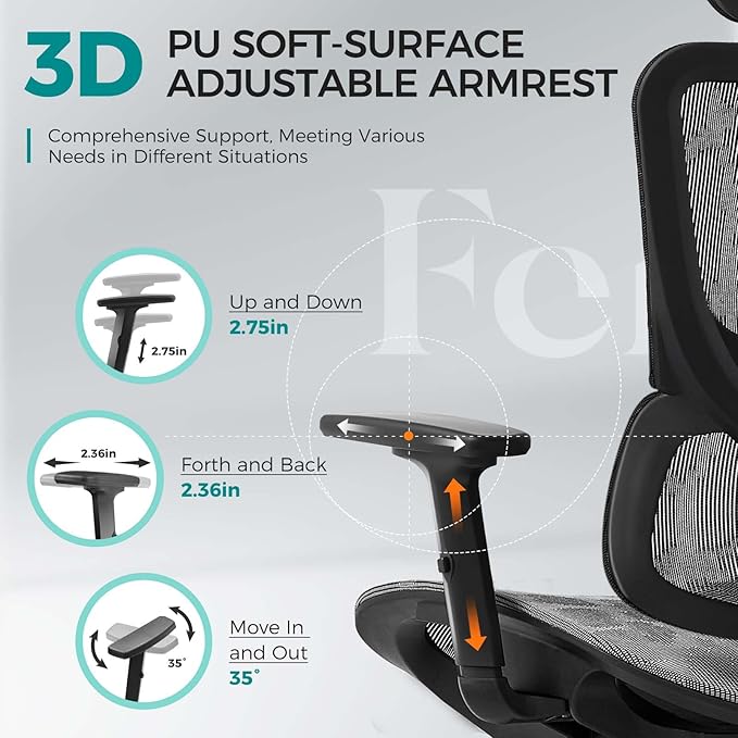 Ferral Ergonomic Office Chair, High Back Home Office Desk Chair with Lumbar Support, 4D Adjustable Armrest & Seat Depth, Computer Mesh Office Chair with Tilt Function, Adjustable Headrest, footrest - LeafyLoom