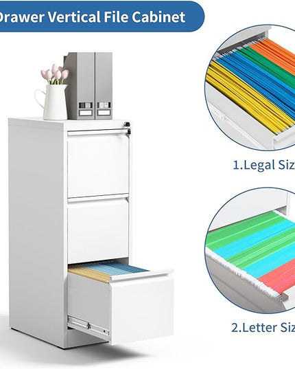 3 Drawer File Cabinet with Lock, Metal Vertical Filing Cabinets for Home Office, Steel Storage Cabinet for Hanging Legal/Letter Size Files, Assembly Required (White) - LeafyLoom