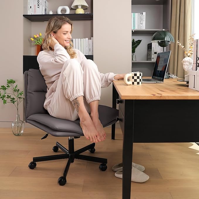 EMIAH Armless Office Desk Chairs with Wheels Criss Cross Chair PU-Leather Mid-Back Ergonomic Home Office Computer Chair Comfortable Thickened Cushion Adjustable Swivel Chair-Chocolate Brown - LeafyLoom