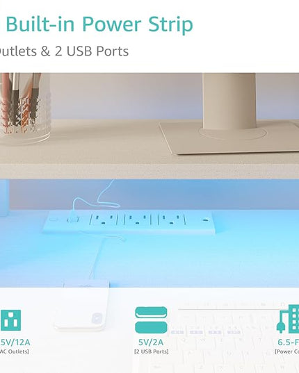 Lufeiya White Computer Desk with File Drawers Cabinet, 55 Inch Home Office Desk with Monitor Stand Shelves, Writing Study Gaming Desks with Led Light Power Outlets for Bedroom, White - LeafyLoom