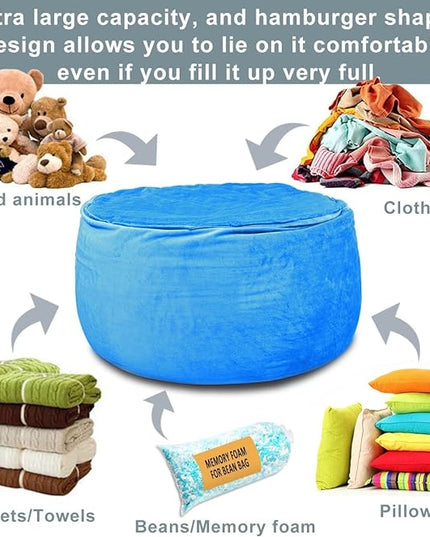 Bean Bag Chair Cover, Stuffed Animal Storage, Plush Toys Organizer Holder, Beanbag Chairs Cover for Kids Teans and Adults Super Soft and Comfortable Fabric X-Large with Handle and Zipper -Round Blue - LeafyLoom
