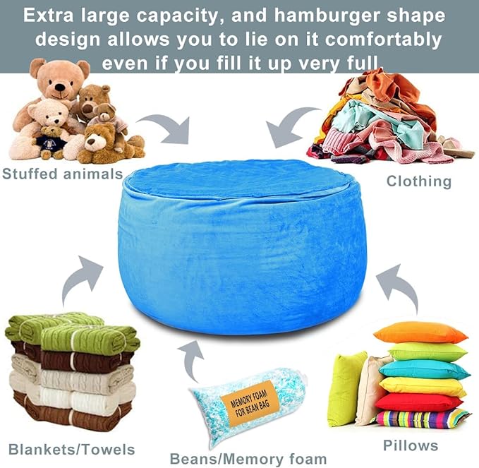 Bean Bag Chair Cover, Stuffed Animal Storage, Plush Toys Organizer Holder, Beanbag Chairs Cover for Kids Teans and Adults Super Soft and Comfortable Fabric X-Large with Handle and Zipper -Round Blue - LeafyLoom