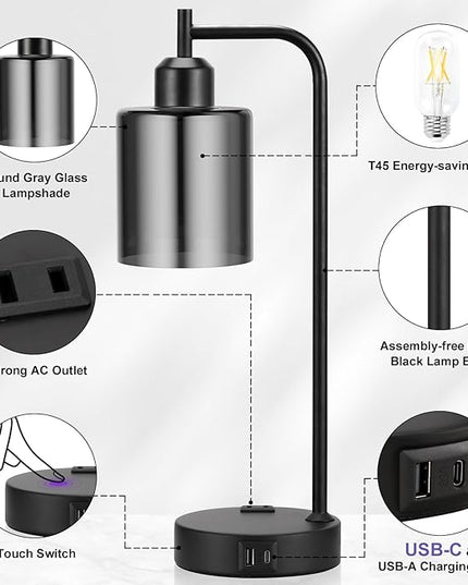 Innqoo Industrial Touch Bedroom Lamps for Bedrooms Set of 2-3-Way Dimmable Table Lamps with USB C+A Ports and Outlet, Bedside Lamps with Gray Glass Shade for Living Room, Desk Lamps for Home Office - LeafyLoom