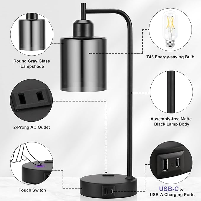 Innqoo Industrial Touch Bedroom Lamps for Bedrooms Set of 2-3-Way Dimmable Table Lamps with USB C+A Ports and Outlet, Bedside Lamps with Gray Glass Shade for Living Room, Desk Lamps for Home Office - LeafyLoom