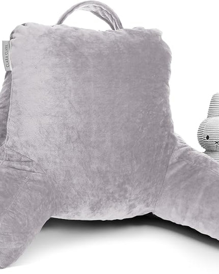 Clara Clark Reading Pillow for Kids, Small Back Pillow for Sitting Up in Bed, Memory Foam Back Support Pillow, Reading Pillows for Sitting in Bed, Grey Lavender Gaming Pillow with Arms and Pockets - LeafyLoom