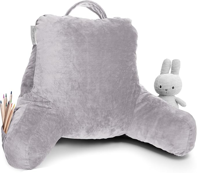 Clara Clark Reading Pillow for Kids, Small Back Pillow for Sitting Up in Bed, Memory Foam Back Support Pillow, Reading Pillows for Sitting in Bed, Grey Lavender Gaming Pillow with Arms and Pockets - LeafyLoom