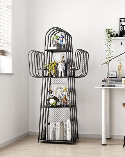 DOORXIF 4-Tier Industrial Bookshelf Freestanding, Cactus Bookcase Storage Organizer Closet Corner Metal Display Cabinet, Corner Black Bookshelf for Small Spaces, Industrial Bookcase for Bedroom Office - LeafyLoom