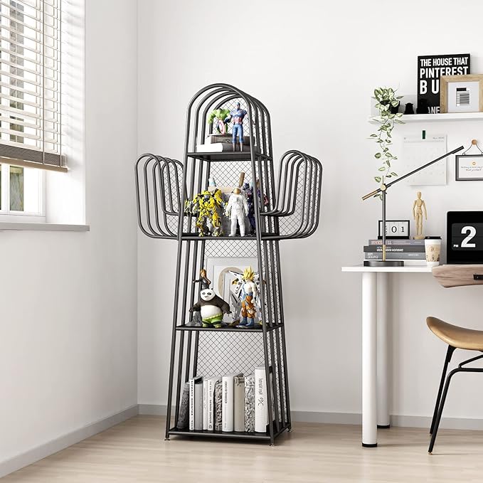DOORXIF 4-Tier Industrial Bookshelf Freestanding, Cactus Bookcase Storage Organizer Closet Corner Metal Display Cabinet, Corner Black Bookshelf for Small Spaces, Industrial Bookcase for Bedroom Office - LeafyLoom