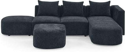 113" L-Shape Sectional Side Chaise and Ottoman, Modular Sofa, DIY Combination, Loop Yarn Fabric for Living Room, Apartment, 113inch, Black Right - LeafyLoom