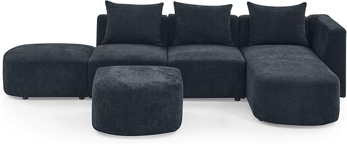 113" L-Shape Sectional Side Chaise and Ottoman, Modular Sofa, DIY Combination, Loop Yarn Fabric for Living Room, Apartment, 113inch, Black Right - LeafyLoom