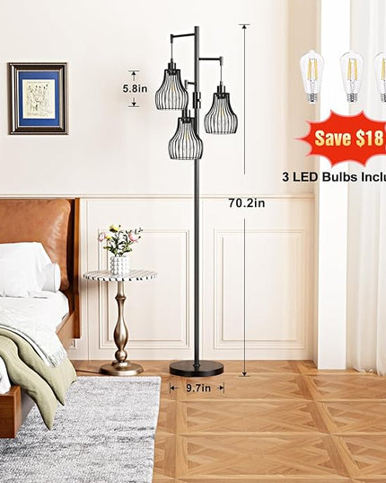 Dimmable Floor Lamp, 3 x 800LM LED Edison Bulbs Included, Farmhouse Industrial Floor Lamp Standing Tree Lamp with Elegant Cage Tall Lamps for Living Room Bedroom Office - Black - LeafyLoom