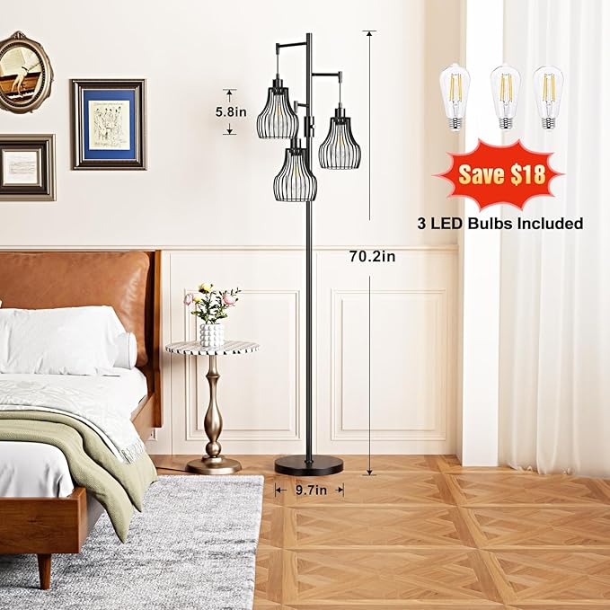 Dimmable Floor Lamp, 3 x 800LM LED Edison Bulbs Included, Farmhouse Industrial Floor Lamp Standing Tree Lamp with Elegant Cage Tall Lamps for Living Room Bedroom Office - Black - LeafyLoom