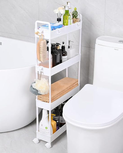 Arogan Slim Rolling Storage Cart with Wheels, 4 Tier Bathroom Storage Cart Laundry Room Organizer, Rolling Utility Cart for Kitchen, Bathroom, Laundry Room, Office, Narrow Place (White) - LeafyLoom