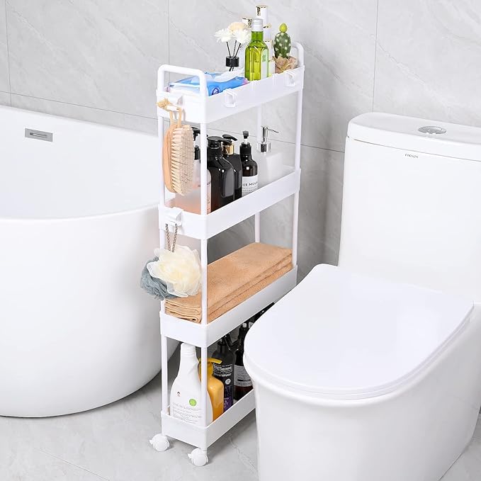 Arogan Slim Rolling Storage Cart with Wheels, 4 Tier Bathroom Storage Cart Laundry Room Organizer, Rolling Utility Cart for Kitchen, Bathroom, Laundry Room, Office, Narrow Place (White) - LeafyLoom