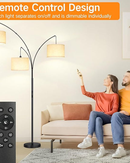 OUTON Arc LED Floor Lamp with Remote & Touch Control, Dimmable Modern Black 3 Light Arched Tall Floor Lamp, Mid Century Adjustable Standing Corner Lamps for Bedroom, Office, Living Room - LeafyLoom