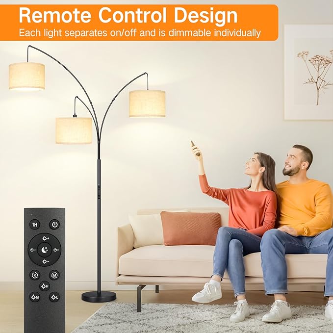 OUTON Arc LED Floor Lamp with Remote & Touch Control, Dimmable Modern Black 3 Light Arched Tall Floor Lamp, Mid Century Adjustable Standing Corner Lamps for Bedroom, Office, Living Room - LeafyLoom