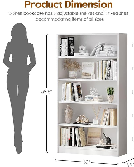 Soohow White Bookcase,Bookshelf for Bedroom,60 inches Tall Wood Book case Book Shelves,5 Shelf Book Shelves for Living Room Office - LeafyLoom