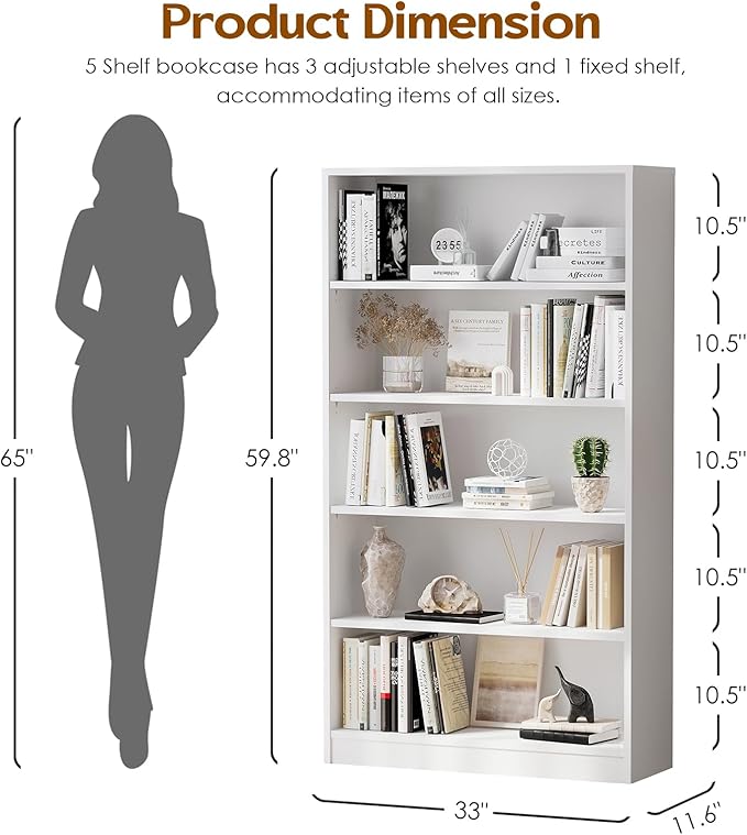 Soohow White Bookcase,Bookshelf for Bedroom,60 inches Tall Wood Book case Book Shelves,5 Shelf Book Shelves for Living Room Office - LeafyLoom