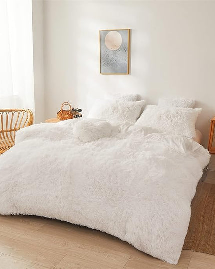 FOPPA Luxury Faux Fur Comforter Cover Set Ultra Soft Plush Bedding Sets 3 Pieces (1 Faux Fur Duvet Cover + 2 Faux Fur Pillow case) Zipper (White, Queen) - LeafyLoom