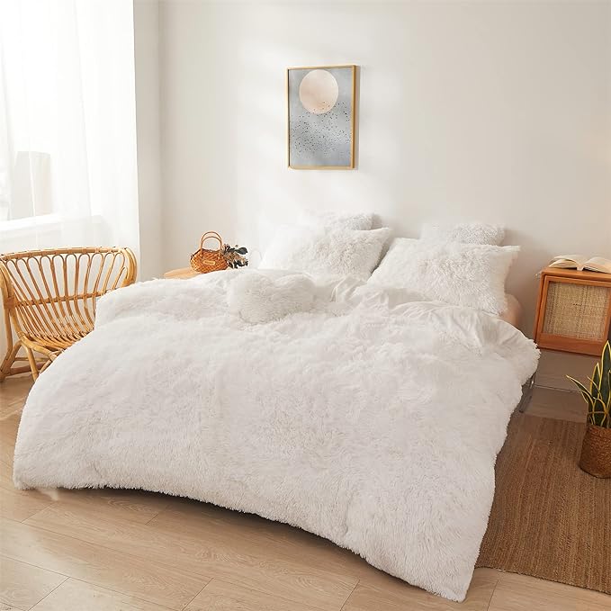 FOPPA Luxury Faux Fur Comforter Cover Set Ultra Soft Plush Bedding Sets 3 Pieces (1 Faux Fur Duvet Cover + 2 Faux Fur Pillow case) Zipper (White, Queen) - LeafyLoom
