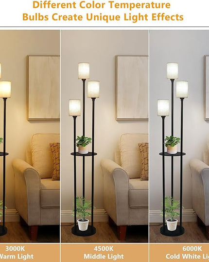 Floor Lamp with Shelves, Modern Floor Lamps for Living Room, 3-Lights Standing Lamp with Linen Shade and Foot Switch, Industrial Standing Lamps for Bedroom, Black Tall Table Lamp for Office - LeafyLoom