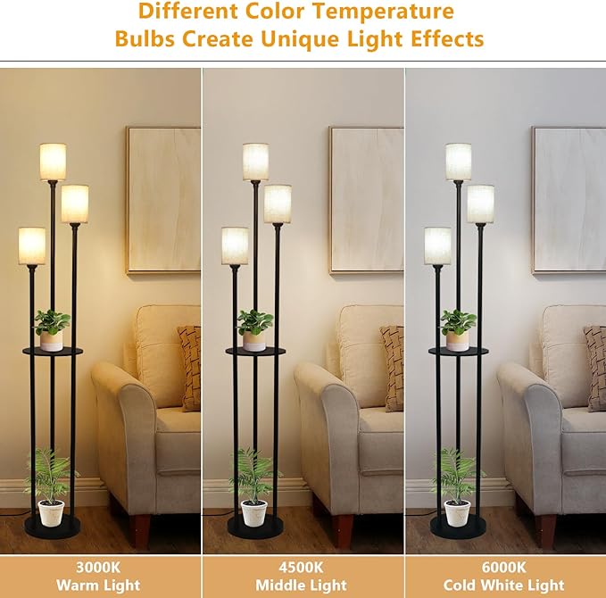 Floor Lamp with Shelves, Modern Floor Lamps for Living Room, 3-Lights Standing Lamp with Linen Shade and Foot Switch, Industrial Standing Lamps for Bedroom, Black Tall Table Lamp for Office - LeafyLoom