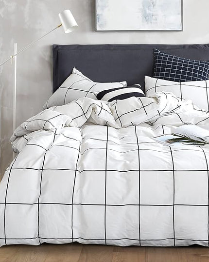 White Grid Comforter Set Big Grid Bedding Set Twin Cotton White with Black Plaid Printed Stripes Women Checkered Comforters Bedding Set White Grid Bed Blanket Set White Plaid Comforter - LeafyLoom