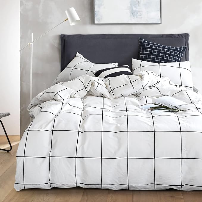 White Grid Comforter Set Big Grid Bedding Set Twin Cotton White with Black Plaid Printed Stripes Women Checkered Comforters Bedding Set White Grid Bed Blanket Set White Plaid Comforter - LeafyLoom