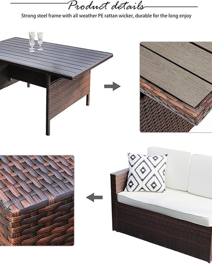 Solaste 7 Piece Patio Furniture Set, All Weather Wicker Patio Conversation Sets with Cushion Seat & Pillows, Outdoor Dining Set, Patio Furniture Outdoor Sectional, Brown - LeafyLoom