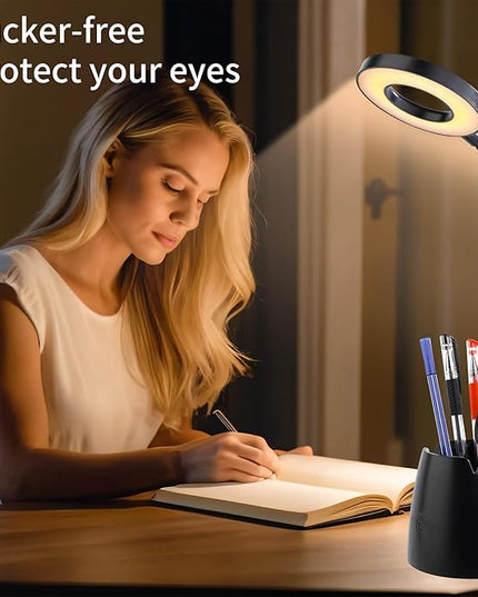 Desk Lamp, Desk Lamps for Home Office, Touchable, Remote Controlled, Dimmable, 3 Color Modes, Gooseneck, Black Table Light for Bedrooms, Led Desk Light, Small Office Lamp, Dorm Room Essentials - LeafyLoom