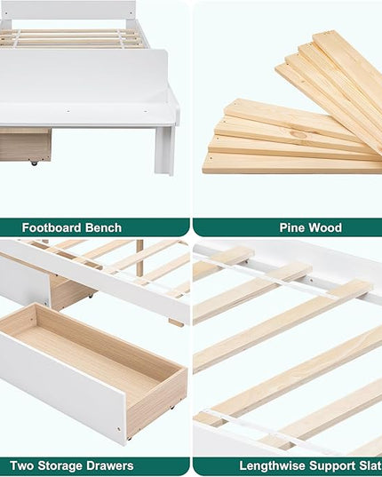 Dolonm Twin Bed Frames for Kids with 2 Drawers, Storage Platform Bed with Footboard Bench, Twin Kids Bed Headboard Frame Pine Wood, High Stable, No Box Spring Needed, Twin Bed for Kids, White - LeafyLoom