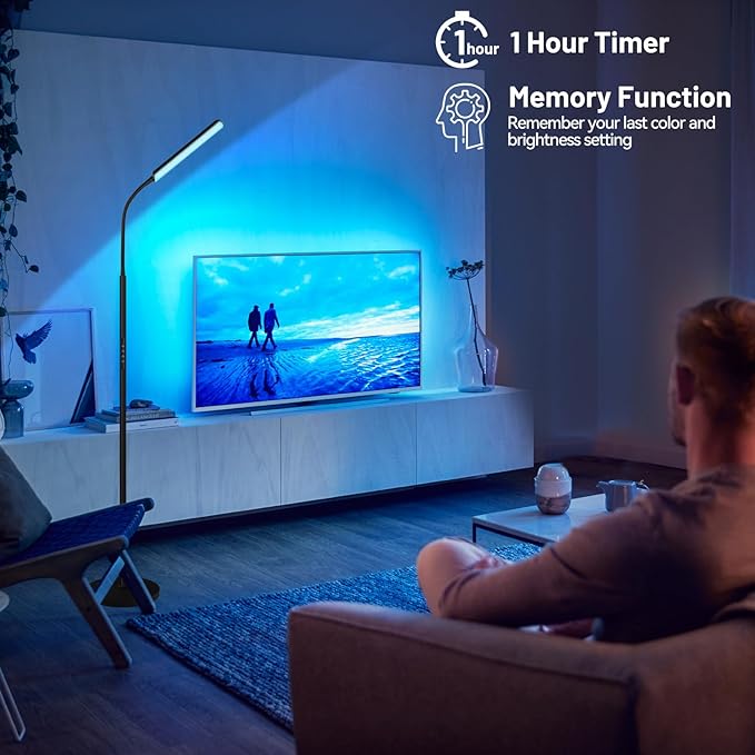 Dimunt LED Floor Lamp, 15W Super Bright RGB Corner Lamp, 3000K-6500K 4 Color Temps Dimmable Floor Lamp, Remote & Touch Control, 1 Hour Timer, Adjustable Gooseneck Standing Lamp for Living Room Home - LeafyLoom