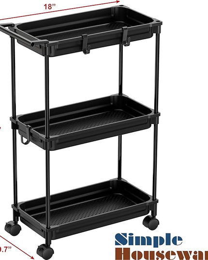 SimpleHouseware Standard 3-Tier Slim Rolling Storage Cart, Black - LeafyLoom